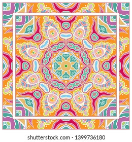  Hand drawn artistic background. Seamless pattern with ornate frame border, doodle floral ornament. Bandana shawl, tablecloth fabric print, silk neck scarf, kerchief design. Vector illustration