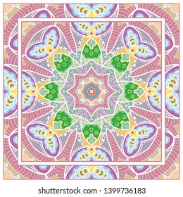  Hand drawn artistic background. Seamless pattern with ornate frame border, doodle floral ornament. Bandana shawl, tablecloth fabric print, silk neck scarf, kerchief design. Vector illustration
