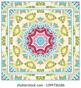  Hand drawn artistic background. Seamless pattern with ornate frame border, doodle floral ornament. Bandana shawl, tablecloth fabric print, silk neck scarf, kerchief design. Vector illustration