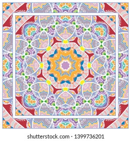  Hand drawn artistic background. Seamless pattern with ornate frame border, doodle floral ornament. Bandana shawl, tablecloth fabric print, silk neck scarf, kerchief design. Vector illustration