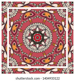  Hand drawn artistic background. Seamless mandala pattern and ornate frame border, doodle floral ornament. Bandana shawl, tablecloth fabric print, silk neck scarf, kerchief design. Vector illustration
