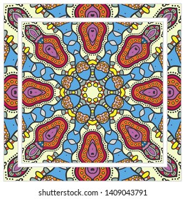  Hand drawn artistic background. Seamless pattern with ornate frame border, doodle floral ornament. Bandana shawl, tablecloth fabric print, silk neck scarf, kerchief design. Vector illustration