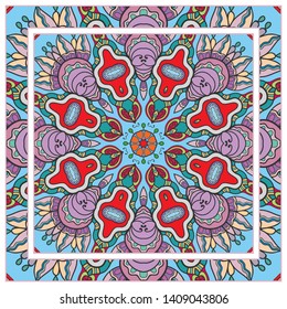 Hand drawn artistic background. Seamless pattern with ornate frame border, doodle floral ornament. Bandana shawl, tablecloth fabric print, silk neck scarf, kerchief design. Vector illustration