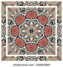  Hand drawn artistic background. Seamless pattern with ornate frame border, doodle floral ornament. Bandana shawl, tablecloth fabric print, silk neck scarf, kerchief design. Vector illustration