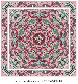  Hand drawn artistic background. Seamless pattern with ornate frame border, doodle floral ornament. Bandana shawl, tablecloth fabric print, silk neck scarf, kerchief design. Vector illustration