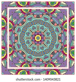  Hand drawn artistic background. Seamless pattern with ornate frame border, doodle floral ornament. Bandana shawl, tablecloth fabric print, silk neck scarf, kerchief design. Vector illustration