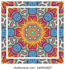  Hand drawn artistic background. Seamless pattern with ornate frame border, doodle floral ornament. Bandana shawl, tablecloth fabric print, silk neck scarf, kerchief design. Vector illustration