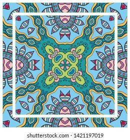  Hand drawn artistic background. Seamless pattern with ornate frame border, doodle floral ornament. Bandana shawl, tablecloth fabric print, silk neck scarf, kerchief design. Vector illustration