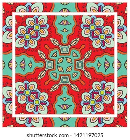  Hand drawn artistic background. Seamless pattern with ornate frame border, doodle floral ornament. Bandana shawl, tablecloth fabric print, silk neck scarf, kerchief design. Vector illustration