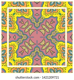  Hand drawn artistic background. Seamless pattern with ornate frame border, doodle floral ornament. Bandana shawl, tablecloth fabric print, silk neck scarf, kerchief design. Vector illustration