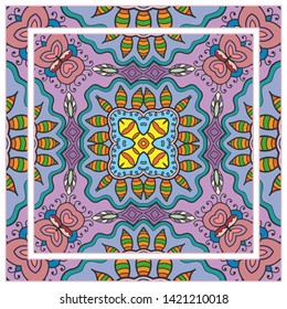  Hand drawn artistic background. Seamless pattern with ornate frame border, doodle floral ornament. Bandana shawl, tablecloth fabric print, silk neck scarf, kerchief design. Vector illustration
