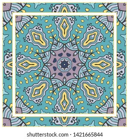  Hand drawn artistic background. Seamless pattern with ornate frame border, doodle floral ornament. Bandana shawl, tablecloth fabric print, silk neck scarf, kerchief design. Vector illustration