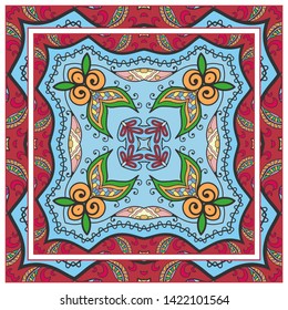  Hand drawn artistic background. Seamless pattern with ornate frame border, doodle floral ornament. Bandana shawl, tablecloth fabric print, silk neck scarf, kerchief design. Vector illustration