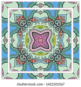  Hand drawn artistic background. Seamless pattern with ornate frame border, doodle floral ornament. Bandana shawl, tablecloth fabric print, silk neck scarf, kerchief design. Vector illustration