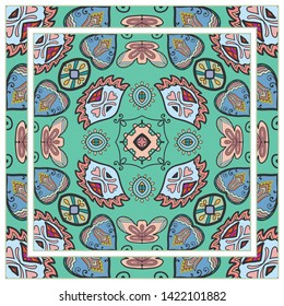  Hand drawn artistic background. Seamless pattern with ornate frame border, doodle floral ornament. Bandana shawl, tablecloth fabric print, silk neck scarf, kerchief design. Vector illustration