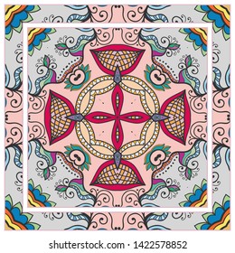  Hand drawn artistic background. Seamless pattern with ornate frame border, doodle floral ornament. Bandana shawl, tablecloth fabric print, silk neck scarf, kerchief design. Vector illustration