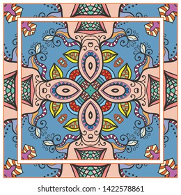 Hand drawn artistic background. Seamless pattern with ornate frame border, doodle floral ornament. Bandana shawl, tablecloth fabric print, silk neck scarf, kerchief design. Vector illustration