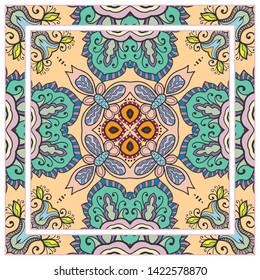 Hand drawn artistic background. Seamless pattern with ornate frame border, doodle floral ornament. Bandana shawl, tablecloth fabric print, silk neck scarf, kerchief design. Vector illustration