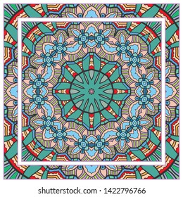  Hand drawn artistic background. Seamless pattern with ornate frame border, doodle floral ornament. Bandana shawl, tablecloth fabric print, silk neck scarf, kerchief design. Vector illustration