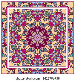  Hand drawn artistic background. Seamless pattern with ornate frame border, doodle floral ornament. Bandana shawl, tablecloth fabric print, silk neck scarf, kerchief design. Vector illustration