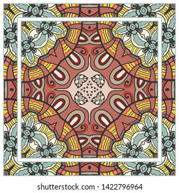  Hand drawn artistic background. Seamless pattern with ornate frame border, doodle floral ornament. Bandana shawl, tablecloth fabric print, silk neck scarf, kerchief design. Vector illustration