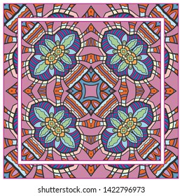  Hand drawn artistic background. Seamless pattern with ornate frame border, doodle floral ornament. Bandana shawl, tablecloth fabric print, silk neck scarf, kerchief design. Vector illustration