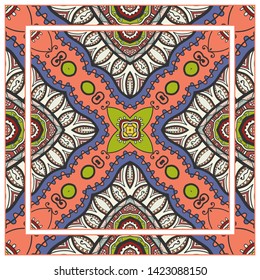  Hand drawn artistic background. Seamless pattern with ornate frame border, doodle floral ornament. Bandana shawl, tablecloth fabric print, silk neck scarf, kerchief design. Vector illustration
