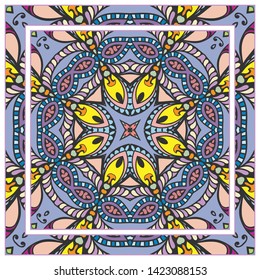  Hand drawn artistic background. Seamless pattern with ornate frame border, doodle floral ornament. Bandana shawl, tablecloth fabric print, silk neck scarf, kerchief design. Vector illustration