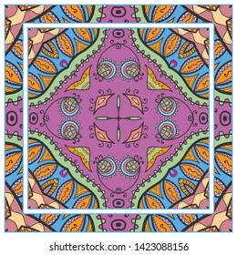  Hand drawn artistic background. Seamless pattern with ornate frame border, doodle floral ornament. Bandana shawl, tablecloth fabric print, silk neck scarf, kerchief design. Vector illustration