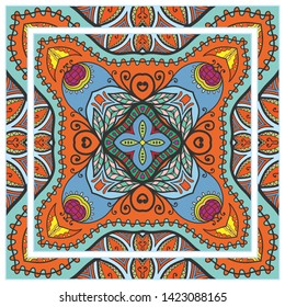  Hand drawn artistic background. Seamless pattern with ornate frame border, doodle floral ornament. Bandana shawl, tablecloth fabric print, silk neck scarf, kerchief design. Vector illustration