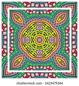  Hand drawn artistic background. Seamless pattern with ornate frame border, doodle floral ornament. Bandana shawl, tablecloth fabric print, silk neck scarf, kerchief design. Vector illustration