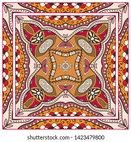  Hand drawn artistic background. Seamless pattern with ornate frame border, doodle floral ornament. Bandana shawl, tablecloth fabric print, silk neck scarf, kerchief design. Vector illustration