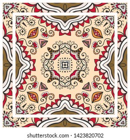  Hand drawn artistic background. Seamless pattern with ornate frame border, doodle floral ornament. Bandana shawl, tablecloth fabric print, silk neck scarf, kerchief design. Vector illustration