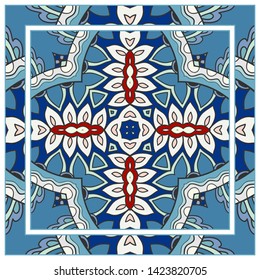 Hand drawn artistic background. Seamless pattern with ornate frame border, doodle floral ornament. Bandana shawl, tablecloth fabric print, silk neck scarf, kerchief design. Vector illustration