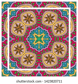  Hand drawn artistic background. Seamless pattern with ornate frame border, doodle floral ornament. Bandana shawl, tablecloth fabric print, silk neck scarf, kerchief design. Vector illustration