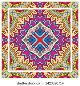  Hand drawn artistic background. Seamless pattern with ornate frame border, doodle floral ornament. Bandana shawl, tablecloth fabric print, silk neck scarf, kerchief design. Vector illustration