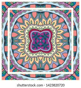  Hand drawn artistic background. Seamless pattern with ornate frame border, doodle floral ornament. Bandana shawl, tablecloth fabric print, silk neck scarf, kerchief design. Vector illustration