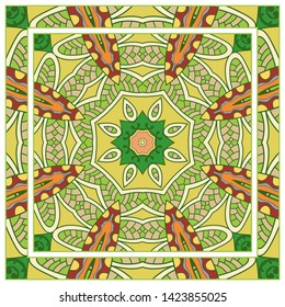  Hand drawn artistic background. Seamless pattern with ornate frame border, doodle floral ornament. Bandana shawl, tablecloth fabric print, silk neck scarf, kerchief design. Vector illustration