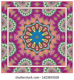  Hand drawn artistic background. Seamless pattern with ornate frame border, doodle floral ornament. Bandana shawl, tablecloth fabric print, silk neck scarf, kerchief design. Vector illustration