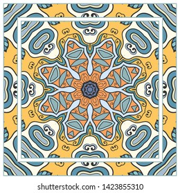  Hand drawn artistic background. Seamless pattern with ornate frame border, doodle floral ornament. Bandana shawl, tablecloth fabric print, silk neck scarf, kerchief design. Vector illustration