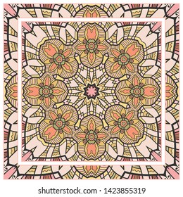  Hand drawn artistic background. Seamless pattern with ornate frame border, doodle floral ornament. Bandana shawl, tablecloth fabric print, silk neck scarf, kerchief design. Vector illustration