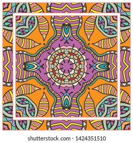  Hand drawn artistic background. Seamless pattern with ornate frame border, doodle floral ornament. Bandana shawl, tablecloth fabric print, silk neck scarf, kerchief design. Vector illustration