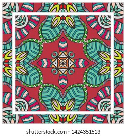  Hand drawn artistic background. Seamless pattern with ornate frame border, doodle floral ornament. Bandana shawl, tablecloth fabric print, silk neck scarf, kerchief design. Vector illustration