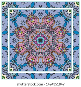  Hand drawn artistic background. Seamless pattern with ornate frame border, doodle floral ornament. Bandana shawl, tablecloth fabric print, silk neck scarf, kerchief design. Vector illustration