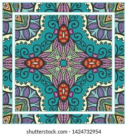  Hand drawn artistic background. Seamless pattern with ornate frame border, doodle floral ornament. Bandana shawl, tablecloth fabric print, silk neck scarf, kerchief design. Vector illustration
