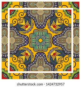  Hand drawn artistic background. Seamless pattern with ornate frame border, doodle floral ornament. Bandana shawl, tablecloth fabric print, silk neck scarf, kerchief design. Vector illustration