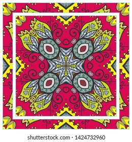  Hand drawn artistic background. Seamless pattern with ornate frame border, doodle floral ornament. Bandana shawl, tablecloth fabric print, silk neck scarf, kerchief design. Vector illustration