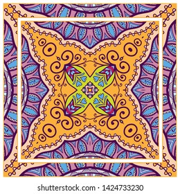  Hand drawn artistic background. Seamless pattern with ornate frame border, doodle floral ornament. Bandana shawl, tablecloth fabric print, silk neck scarf, kerchief design. Vector illustration