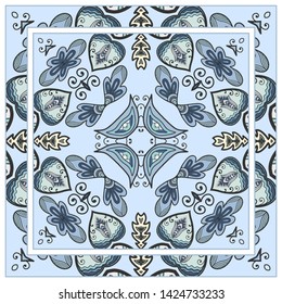  Hand drawn artistic background. Seamless pattern with ornate frame border, doodle floral ornament. Bandana shawl, tablecloth fabric print, silk neck scarf, kerchief design. Vector illustration