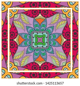  Hand drawn artistic background. Seamless pattern with ornate frame border, doodle floral ornament. Bandana shawl, tablecloth fabric print, silk neck scarf, kerchief design. Vector illustration